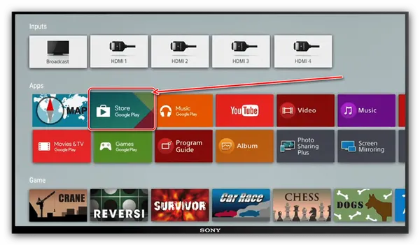 Открыть Store Google Play на телевизоре Sony для обновления Youtube