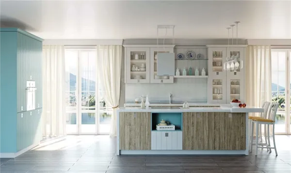 интерьер кухни со шкафами со стеклянными фасадами под посуду