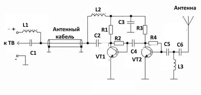 Схема двухкаскадного антенного усилителя для ДМВ каналов