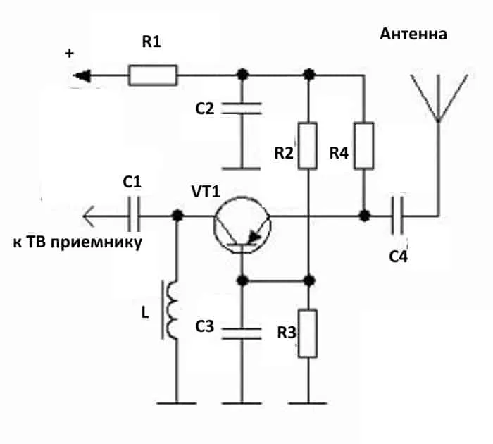 Антенный усилитель на транзисторе, включенном по принципу общей базы