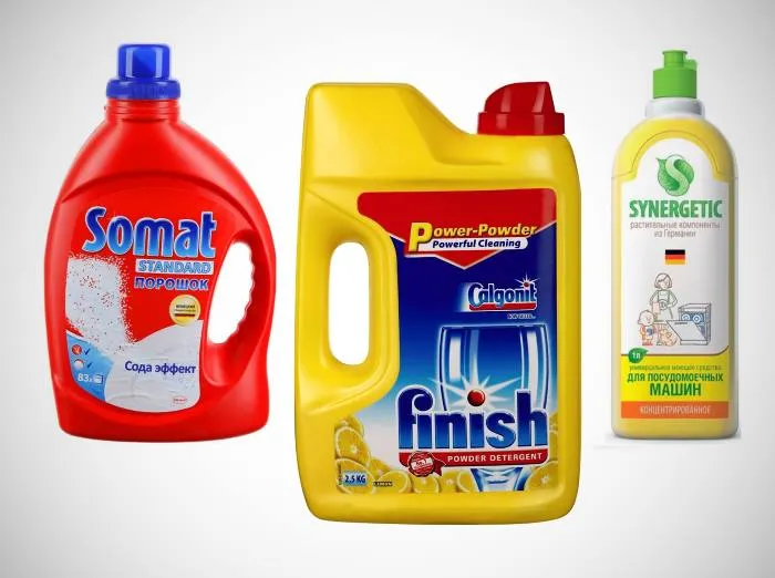 Три вида жидкого моющего средства для посудомоечной машины от популярных производителей
