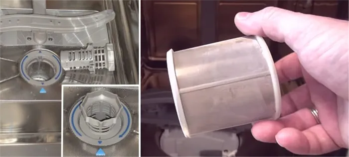 Правильное извлечение сливного фильтра из бункера посудомоечной машины для его очистки