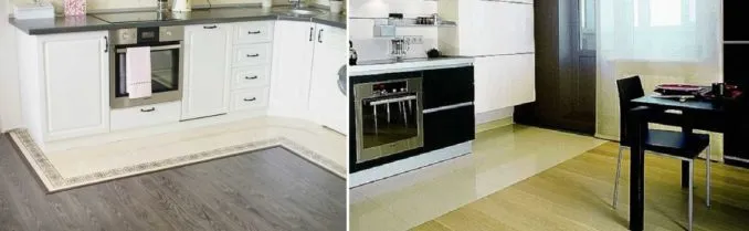 Если на кухне уложена плитка и ламинат, более современно смотрится их соединение по прямой