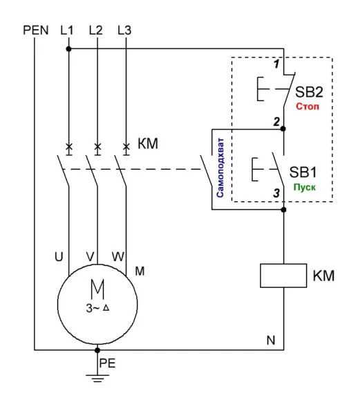 Картинка № 8. Подключение магнитного пускателя с кнопками отключения и защитным тепловым реле