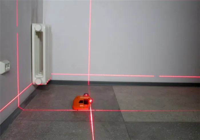 Вариант проецирования лучей лазерного нивелира: нулевая отметка (параллельно полу) и построение лучей в двух плоскостях