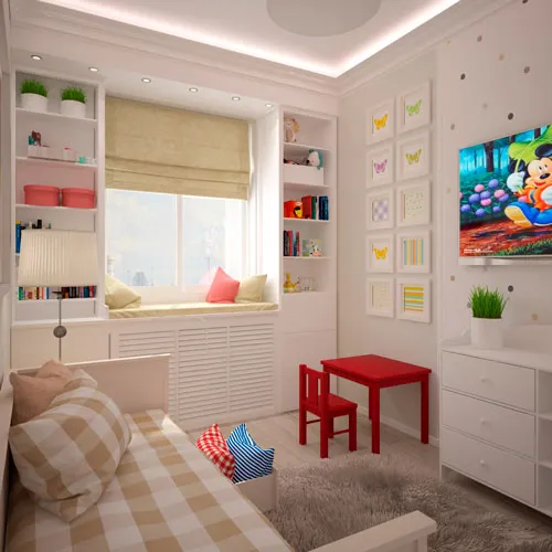 дизайн прямоугольной детской комнаты с окном