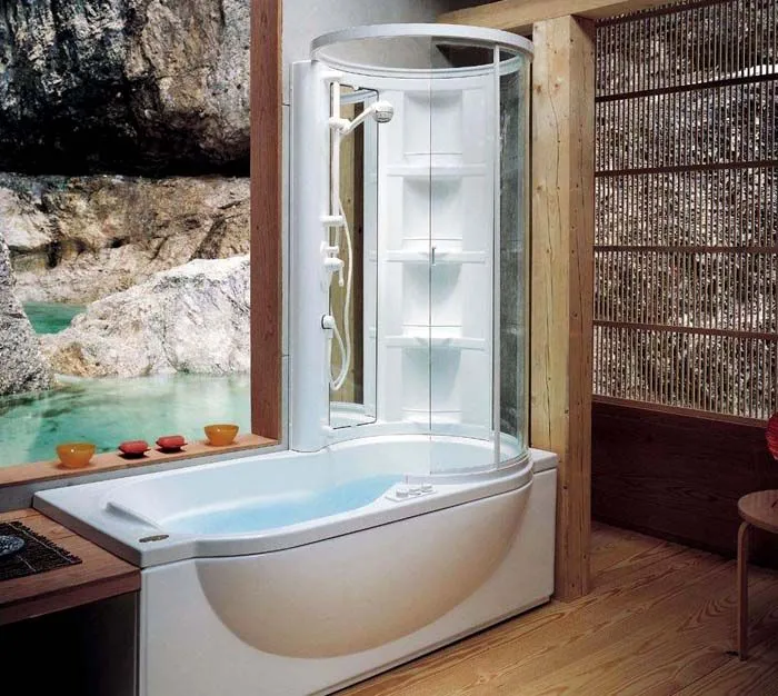 Гидробокс с ванной визуально не занимает много объёма, но при этом полностью функционален