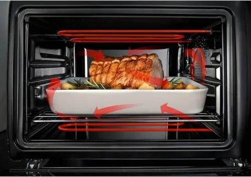 Наличие конвекции обеспечивает равномерный прогрев в камере духовки и как следствие качественное пропекание приготавливаемых блюд