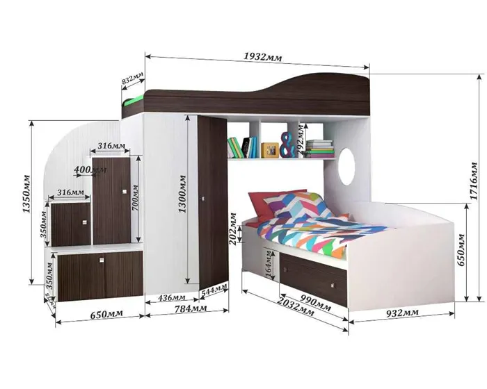 Ориентировочные размеры кровати-чердака