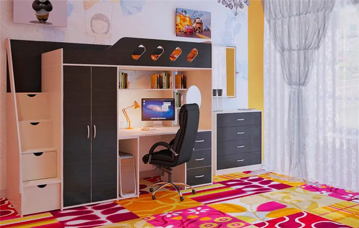 Кровать-чердак для подростка со шкафом и встроенным компьютерным столом